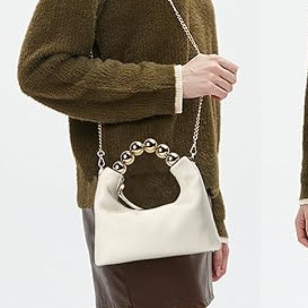 Neiman Marcus Gold Bead Top Handle Leather Bag